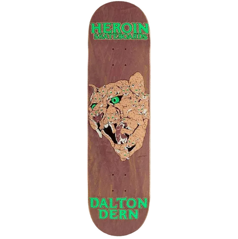 A skateboard deck shown vertically against a white background, featuring a brown wood-grain base with a large leopard graphic in the center and bright green text reading 'HEROIN SKATEBOARDING' at the top and 'DALTON DERN' at the bottom.